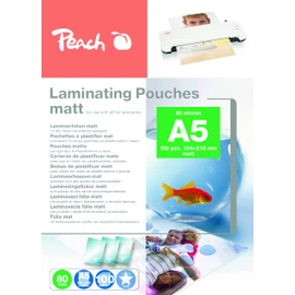 Peach S-PP580-30 Laminating Pouches A5, 80 mic, 100 Pouches, Matt, Writeable, Premium Quality for Best Laminating Results, Compatible with Devices of All Brand Manufacturers