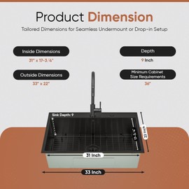 Strictly Sinks Dual Mount Kitchen Sink – 33 Inch 16 Gauge Embossed Hexagon Texture Kitchen Sink with Grid, 1 Strainer Drain, 1 Garbage Disposal Adapter & Clips (Black)