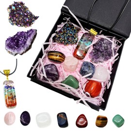 Qlisytpps 10pcs Healing Crystals Set Real Crystals Stones Kit, Chakra Crystals Gemstones Amethyst Clusters,geode Crystals,Chakra Necklace Witchcraft Crystals Gifts Beginners Gift