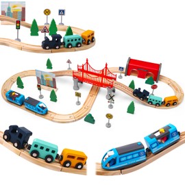 Wooden Train Set 52PCS, Electric Train Sets with Wooden Train Track, Magnetic Train, Bridge Track Railway Kits for Kids Boys Ages 3+ Years Old, Birthday Christmas New Year Gifts for Kids Boys Girls