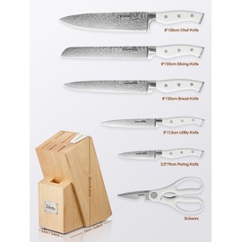 D.Perlla Knife Set, D.Perlla 7 Pieces Kitchen Knife Set with Built-in Sharpener, Stainless Steel Knives Block Set with Unique Waved Pattern, Non-slip Handle, White