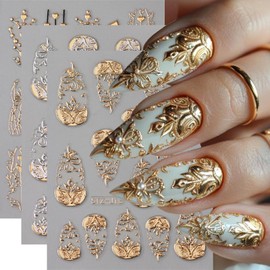 5D Embossed Flower Nail Art Stickers Decals French Carving Nail Art Decals Gold Silver Floral Heart Tree Nail Supplies Retro Luxury Manicure Accessories for Women Spring Summer Nail Decoration 3Pcs