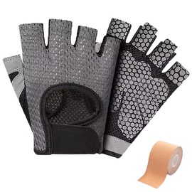 Weightlifting Gloves for Men & Women, Breathable Gym Gloves for Crossfit, Non-Slip Grip, Wrist Support & Padded Palm, Fingerless Workout Gloves for Training, Cycling, Plus 1 Roll Sports Tape (Gray)