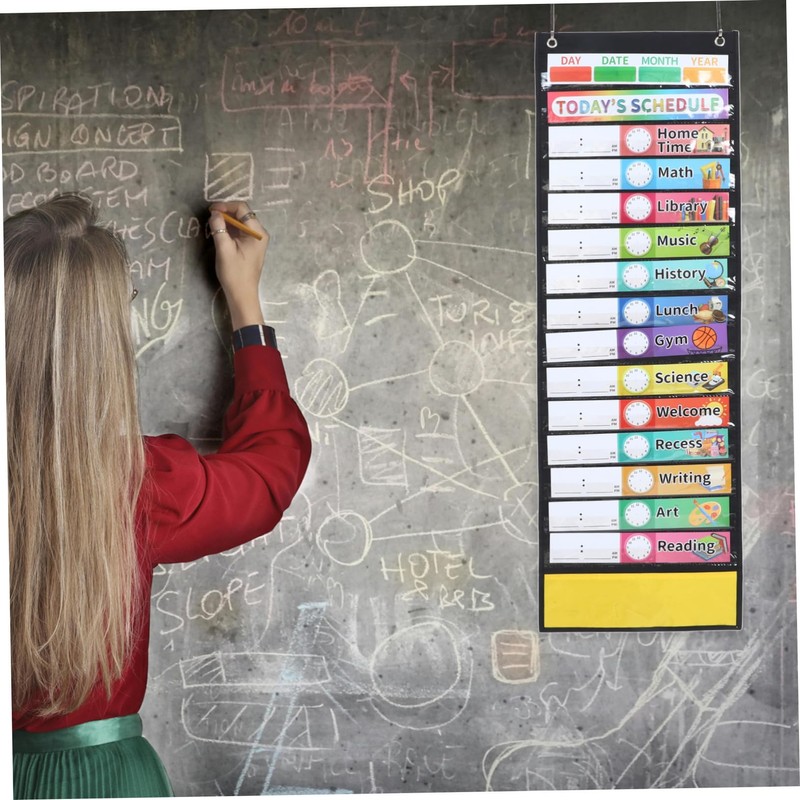 jojofuny Daily Class Schedule Pocket Chart Dual-sided Teacher Organizer Dry-eraser