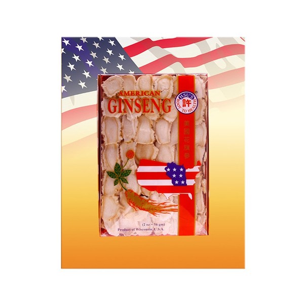 Hsu's Ginseng Cultivated American Ginseng Roots Mixed Large-Mediun Sorted Slices (2 oz = 56 gm/Box), with one Free Single American Ginseng Tea Bag, 126-2