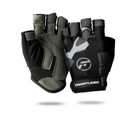FRONTLINER Weight Lifting Gloves – Anti-Slip Padded Palm, Half-Finger Gym Gloves for Men & Women, Stretchable Fitness Gloves for Strength Training, Calisthenics, Cycling, and Workouts (Grey Camo, M)