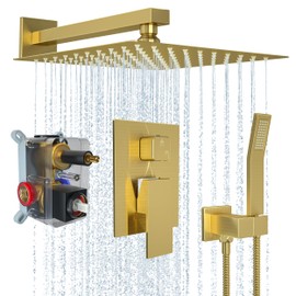 Shower System 10 Inch High Pressure Rain Shower Head Faucet Set Wall Mounted for Bathroom with Handheld Shower and Rough-in Valve Body and Trim kit,Brushed Gold