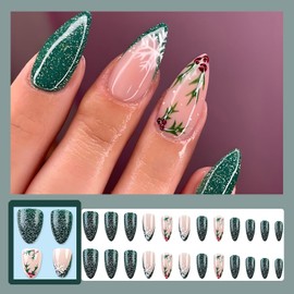 Christmas Press On Nails Almond Green Glitter Fake Nails French False Nails With Snowflake Christmas Nails Design Christmas Press On Nails For Women Christmas Nails Cute Christmas Nails 24pcs