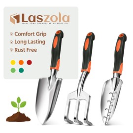 LASZOLA 3 Piece Garden Tool Set Include Hand Trowel Rake and Transplant Shovel for Women, Indoor Heavy Duty Small Spade Kit with Ergonomic Handle to Weed and Loosen, for Mom and Plant Beginner, Orange