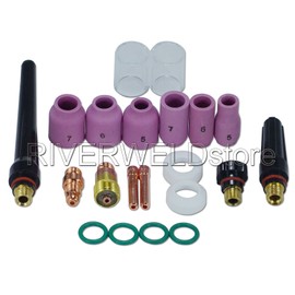 TIG Stubby Gas Lens Collet body 17CB20 17GL332 10N24S (3/32” & 2.4mm) Pyrex Cup #10 5/8" Ceramic Cup 53N61 53N60 53N59 13N09 13N10 13N11 Assorted Size Kit Fit WP 17 18 26 TIG Welding Torch 21pcs