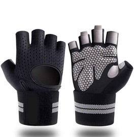 VICKEYWIN Breathable Workout Gloves for Men Women, Padded Gloves with Wrist Wraps Support, Full Palm Protection, Grip for Gym Training, Fitness, Weightlifting, Exercise Fingerless(Black-Long-XL)