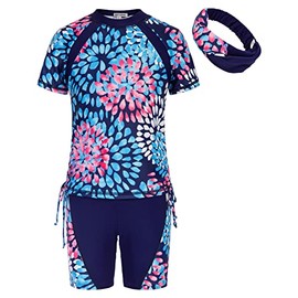 GRACE KARIN Girls Rash Guard Swimwear Short Sleeve Two Piece Swimsuit Set for Beach Navy 10Y