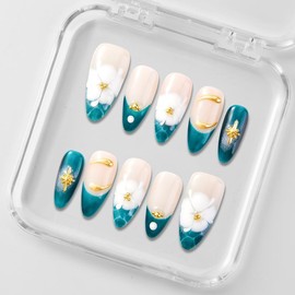 Zfans Almond Shape DreamWear Collection - 100% Handcrafted 3D Press-On Nails | Reusable, Long-Lasting, Salon-Quality Mint Bloom Eco-Friendly Nail Art Set:_Blue - White China_m
