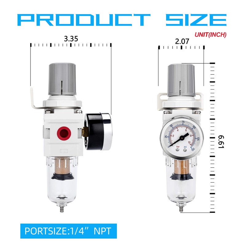 NANPU 1/4" NPT Compressed Air Filter Regulator Combo Piggyback, 5