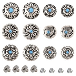 Spritewelry 36pcs/12 Sets Faux Turquoise Rivets Kit Round Vintage Western Style Conchos Flower Metal Rapid Rivet Leather Decorative Conchos Nailhead Studs for DIY Shoes Bag Belt Product