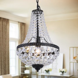Vinilky Empire Crystal Chandelier, 11.8'' Farmhouse Pendant Light Fixture E26 Base Adjustable Chain Vintage Metal Ceiling Light for Kitchen Island Dining Room Living Room Foyer Hallway, Black