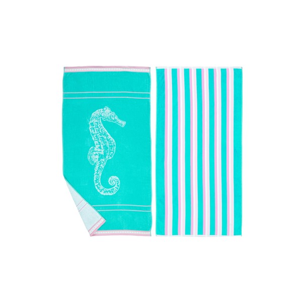 Great Bay Home, Towel, 100% Cotton, 2 Pack Large Absorbent Pool Towels, Soft and Quick Dry Swim Towels for Adults, Seahorse Green/Pink
