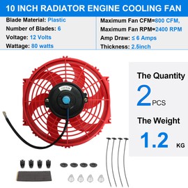 FSBCGT 2PCS 10 inch Slim Fan Push Pull Electric Radiator Cooling 12V 80W Mount Universal Kit Red