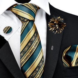 GUSLESON Teal Gold Tie for Wedding Mens Silk Striped Necktie Pocket Square Cufflinks and Lapel Pin Brooch Set (6108-56)
