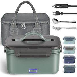 Vingud Electric Lunch Box 100W, 4 in 1 Heated Lunch Box for Adults, Portable Heating Lunch Box for Work/Car/Truck, with 1.8L Stainless Steel Container, 12V 24V 110V 220V, Green Grey
