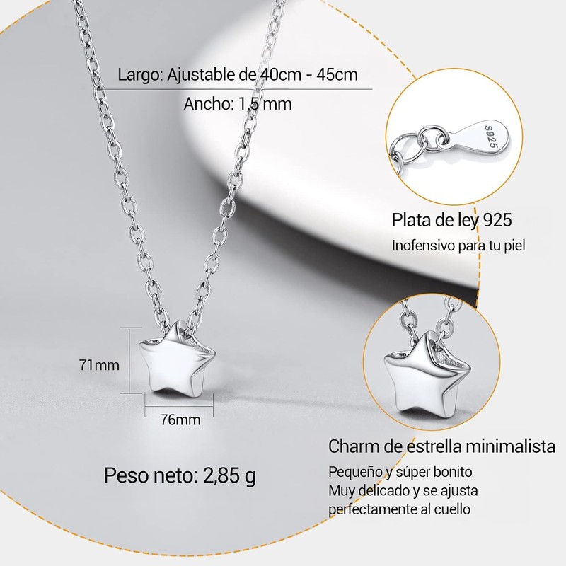 PROSILVER Collar Plata 925 Mujer y Hombre Dije Corazón/Redondo/Estrella/Rectangular Clásico