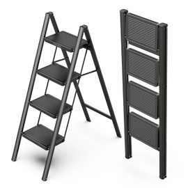 WOA WOA 4 Step Ladder, Folding Step Stool with Non-Slip Pedals, Portable Stepping Stool Household, Sturdy Steel Ladder, Space Saving for Kitchen, Anti Skid Feet, Support 330lbs - Black