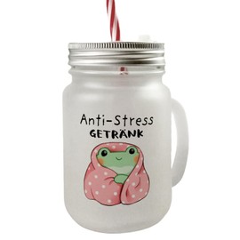 Frog in Pink Blanket Mason Jar Handle Drinking Glass with Lid with Saying Anti-Stress Drink Kawaii Cute Plush Frog Design Relax Anti-Stress Aid Oven Safe