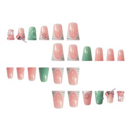 24Pcs French Tip Duck Press on Nails Short Fake Nails Handmade False Nails with Rhinestone, Lollipop Design Artificial Acrylic Nails Press ons Green Duck Nails Reusable Stick on Nails for Women