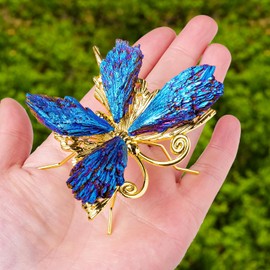 RJINGSHI Butterfly Statue Natural Electroplated Blue Tourmaline Butterfly Decor Collection Natural Home Decor Crystal Butterfly Butterfly Gift for Women 2.55" (Gold)