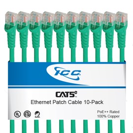 ICC CAT5e Ethernet Patch Cord 14 FT 10-Pack, UTP 24 AWG UL Listed, PoE++, 100% Stranded Copper Snagless Patch Cable for Patch Panel to Network Switch for Data Center, Office, and Home, 14 Feet Green