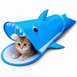 LUCKITTY Blue Shark Cat Tunnel Toy, Collapsible Pop-Up Cat Play Tunnel with Interactive Hanging Ball & Storage Bag, Durable Polyester Interactive Cat Toy for Indoor Cats, Kittens