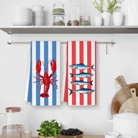 STHTTSW Coastal Beach Crawfish Sardine Fish Kitchen Towels, Ocean Nautical Blue and Red Striped Marine Life Decorative Hand Towels for Bathroom, Coastal Beach Bathroom Decor, 16x24 Inch Set of 2