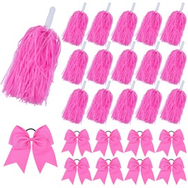 24 PCS Pink Cheerleading Pom Poms and Large Cheerleader Hair Bow Plastic Pom Poms for Sports Squads Dancing Party Football Basketball Sports Stage Performance Celebration