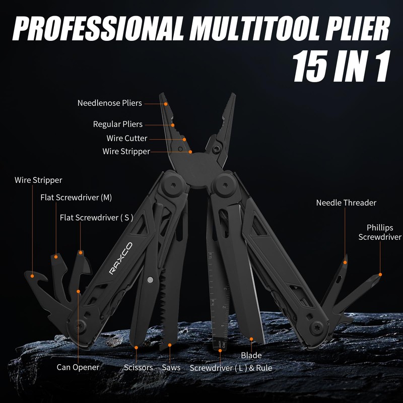 Raxco Gifts for Man, 15-in-1 Multitools with Pliers, Multi Tools