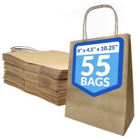 Reli. 8x4.5x10.25 in. Brown Paper Bags with Handles | 55 Pack | Kraft Brown Paper Bags with Twist Handles | Ideal for Gifts, Retail, Shopping, Merchandise, Crafts