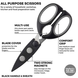 Kitchen Scissors with Magnetic Sheath - Black, Dishwasher Safe Cooking Scissors, Multipurpose Stainless Steel Sharp Utility Food Scissors for Chicken, Poultry, Fish, Herb, Vegetables.