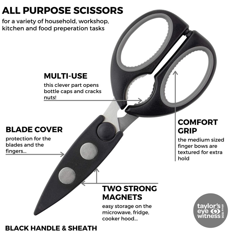 Kitchen Scissors with Magnetic Sheath - Black, Dishwasher Safe Cooking