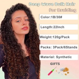 CAZSYSDD Deep Wave Bulk Hair for Braiding 22 inch No Weft Deep Wave Bundles Curly Braiding Hair Extensions for Boho Braids and Wavy Braiding 2 Braids Per Pack (T30#, 22inch (3pack))