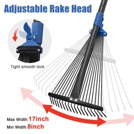 JAOTREL Adjustable Metal Leaf Rake Long Handle, 48 inch Garden Rakes for Lawns Heavy Duty Leaves with Expandable Head 8-17", Yard Women Kids Rake for Gardening RV Camping