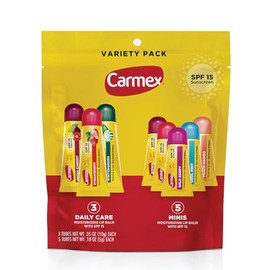 Carmex Daily Care y Daily Care Minis Paquete de Bálsamo Labial Hidratante, SPF 15, Bolsa de Paquete Variado de Cuidado Labial Multi-Sabor, 8 Unidades (3 Tubos, 5 Mini Tubos)