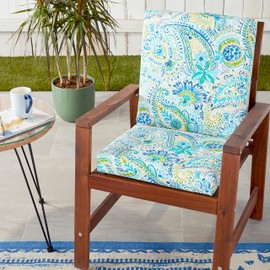 Pillow Perfect Paisley Indoor/Outdoor Solid Back 1 Piece Square Corner Chair Cushion with Ties, Deep Seat, Weather, and Fade Resistant, 36.5" x 18", Blue/Yellow Gilford,