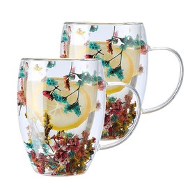 CHENGBAO 2PCS Creatividad Tazas Transparentes Para Cafe，Con Manija Tazas Para Cafe，Con Pétalos Taza Doble Pared Vidrio，Doble Uso de Frío Y Calor (Flores para siempre)