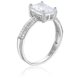 Sterling Silver 7x9mm Emerald Cut Pave Band Cubic Zirconia Engagement Ring