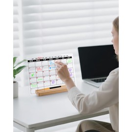 Acrylic Dry Erase Monthly Calendar Board for Desk, 9x13 Transparent Acrylic Whiteboard with Date Grid, Wood Stand, 6 Wet Erase Markers, for Home, Office, School (White Text)