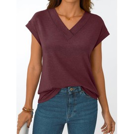 AUTOMET Womens Cap Short Sleeve T Shirts Summer Tops 2025 V Neck Dressy Casual Fashion Clothes Vacation Outfits L Burgundy