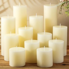 Shihanee 12 Pcs Pillar Candles 3" Diameter Dripless Unscented Candle Rustic Scentless Candles with Smokeless Cotton Wick Long Burning Assorted Candles for Wedding Party Dinner Home (Ivory White)