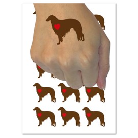 Borzoi Russian Wolfhound Dog with Heart Temporary Tattoo Water Resistant Fake Body Art Set Collection - 15 2" Tattoos (1 Sheet)
