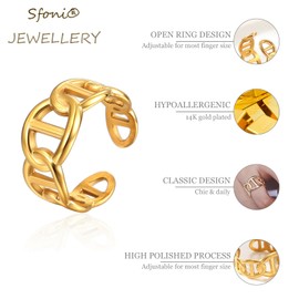 14K Gold Plated Chunky Statement Ring, Adjustable Open Wide Band Rings Stackable Hug Rings Gold Jewellery Gifts for Birthday Anniversary Weddings Promise, Pig Nose Ring