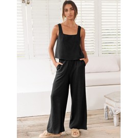 ANRABESS Women's 2 Piece Outfits Linen Pants Jumpsuit Matching Lounge Set Casual Summer Beach Vacation Trendy Clothes, Black, Medium