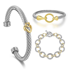 ESSNAMS 3Pcs Cable Cuff Bracelets Set, Trendy Cute Gold and Silver Bangle Two Tone Chain Mixed Metal Jewelry for Women (Two Tone Set B)